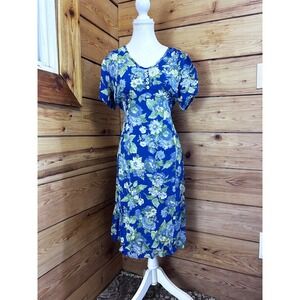 Vintage 90's Blue Floral Midi Dress Short Sleeve Back Tie Cottagecore Medium Ret